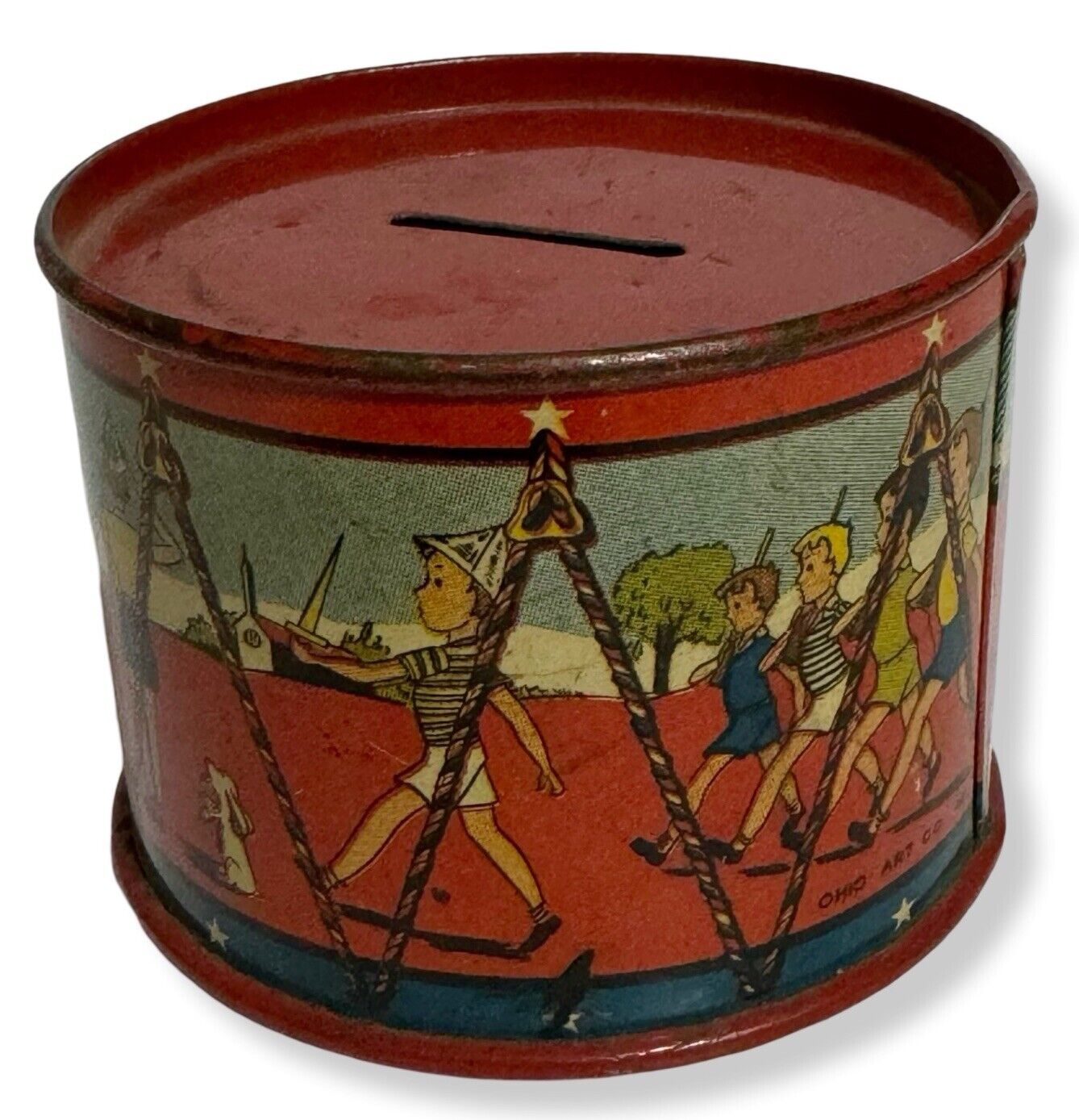 Vintage Ohio Art Co Tin Litho Drum Coin Change Bank Children Military Soldier 3”