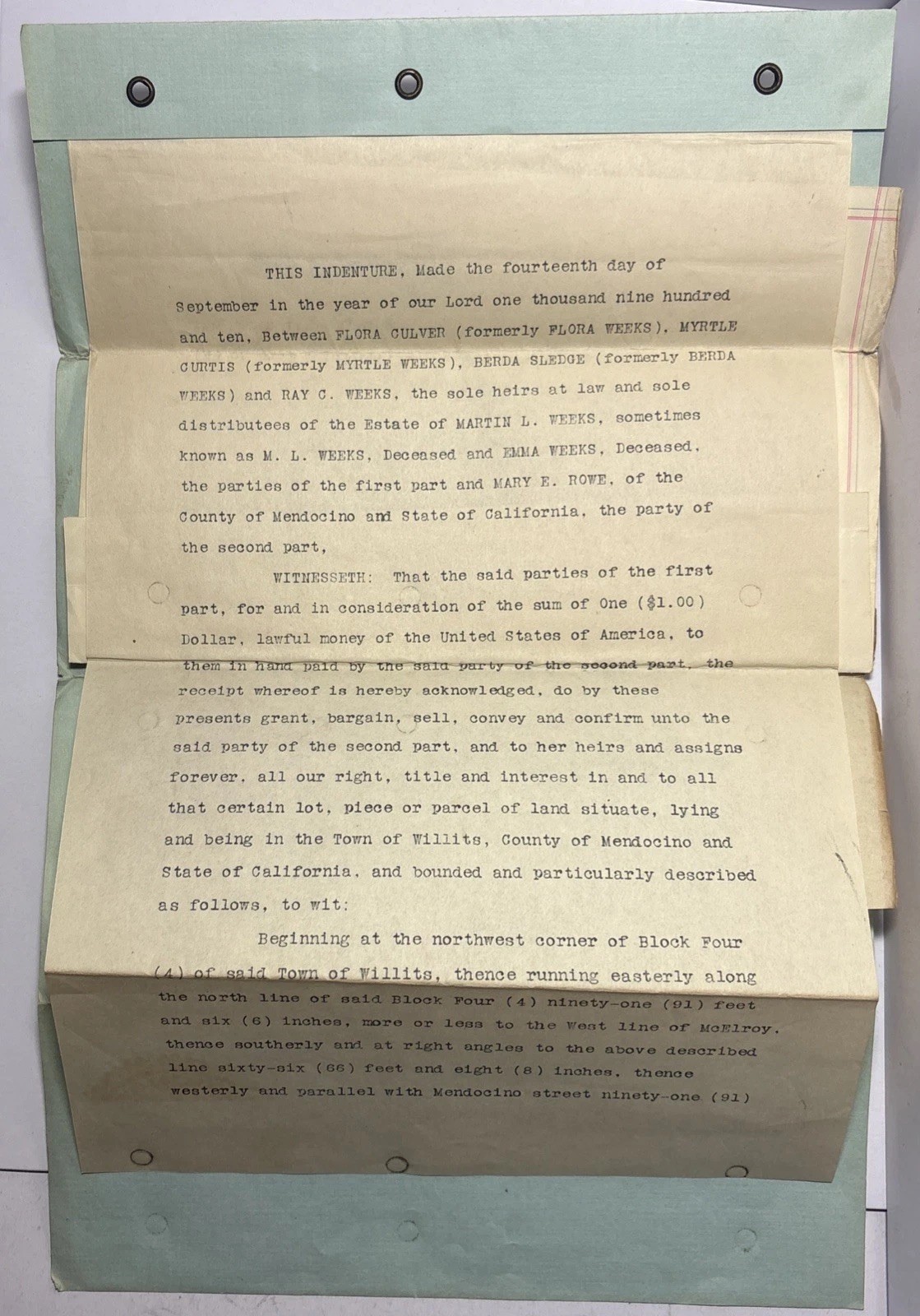 1910 Original Grant Deed – Willits, Mendocino County, CA  Mary E. Rowe