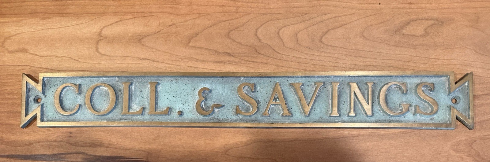 Vintage Bank COLL & SAVINGS Brass Plaque Sign Architectural Salvage Decor 17in
