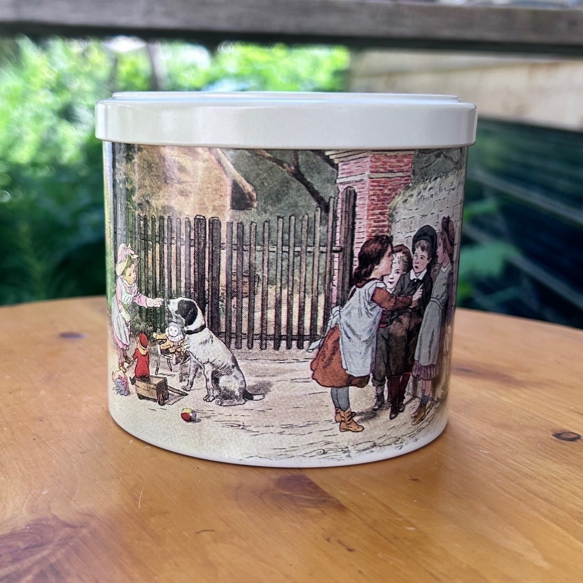 Vintage French Biscuit Box Victorian Children Dog Metal Canister Massilly Collec