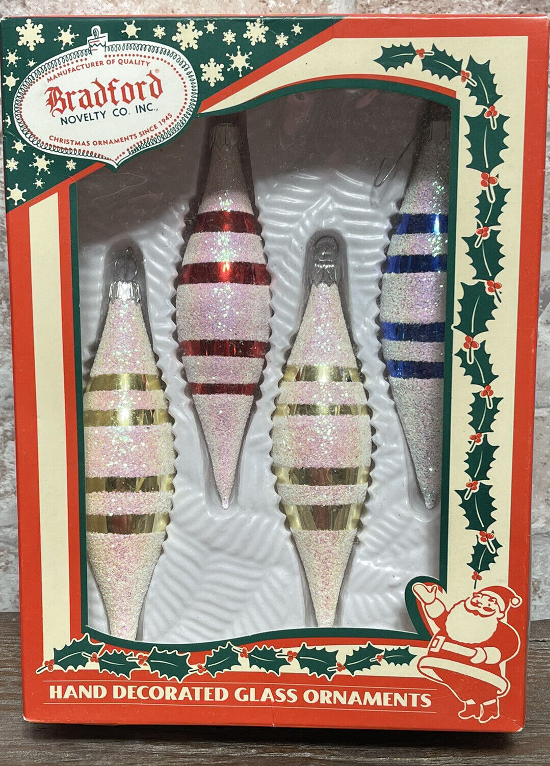 Bradford Christmas Trimmeries 4 Glitter Pink Teardrop 5” Ornaments VINTAGE 2003