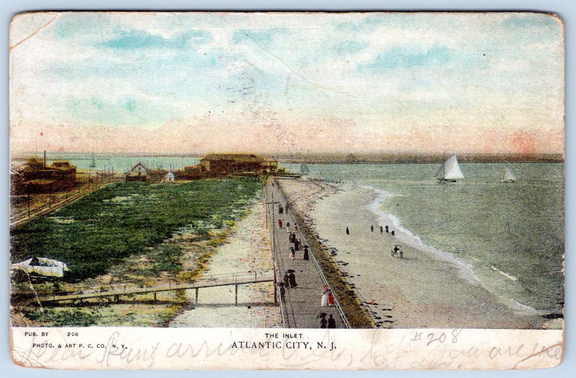 1906 AERIAL VIEW THE INLET ATLANTIC CITY NJ SAILBOATS ANTIQUE POSTCARD*CREASE*