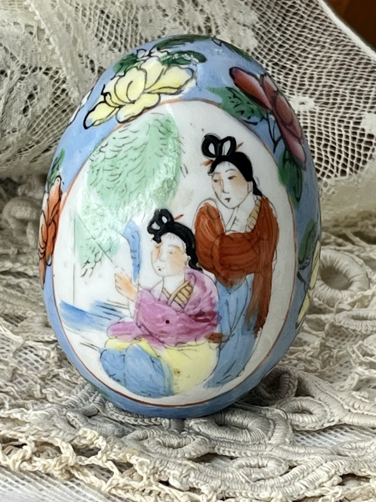 Vintage Satsuma Style Porcelain Egg Hand Painted Japanese Geisha Floral Asian