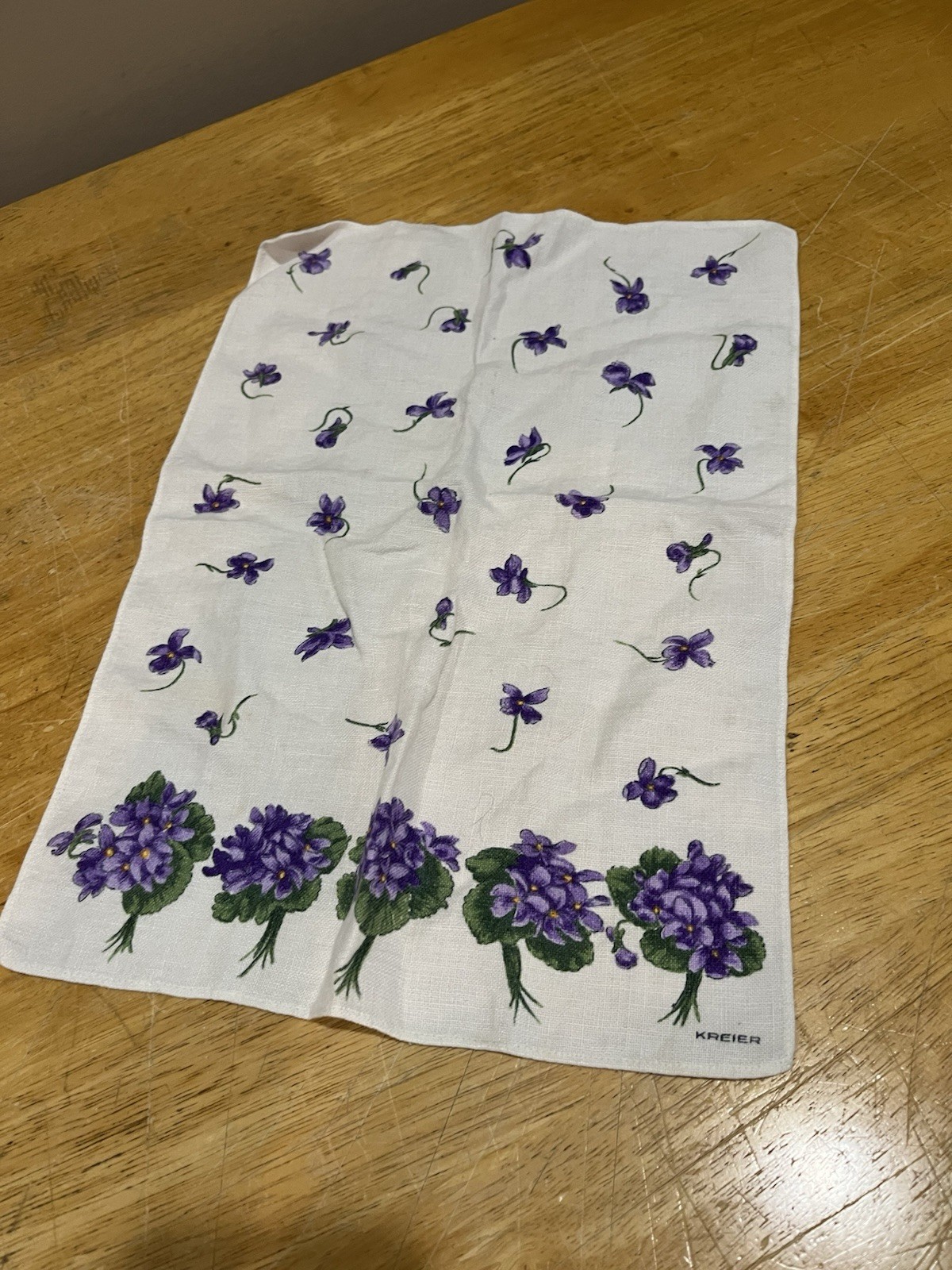 Vintage Kreier Linen Tea Towel Violet Purple Flowers Wall Hanging 16x11 1/2
