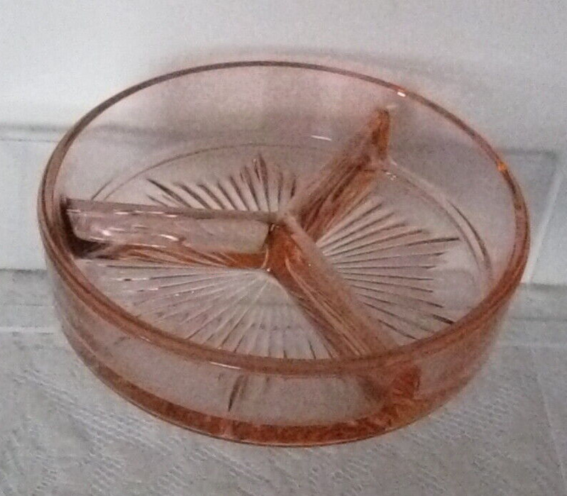 Vintage Pink Depression Glass Divided 3 Sections Candy Nut Relish Dish Bowl