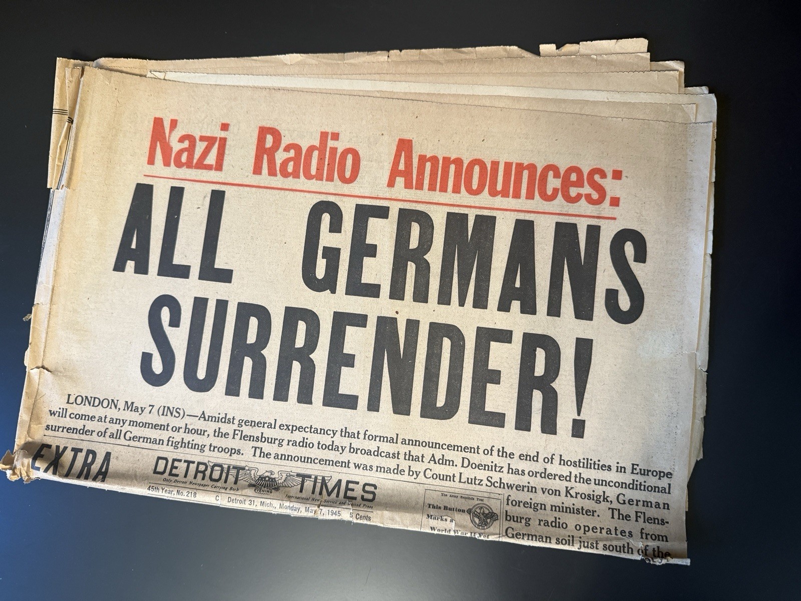 1945 Detroit Times EXTRA All Germans Surrender WWII VE Day Original Newspaper