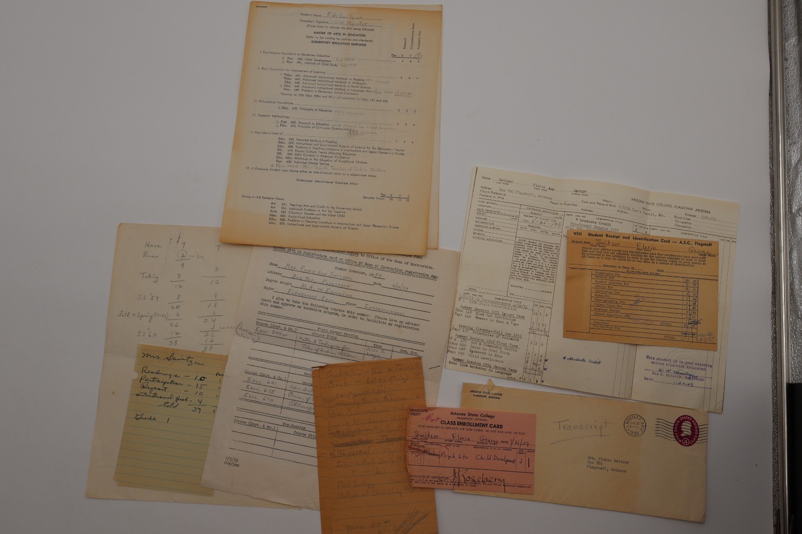 1959 Arizona State College Flagstaff Transcript Enrollment Receipt