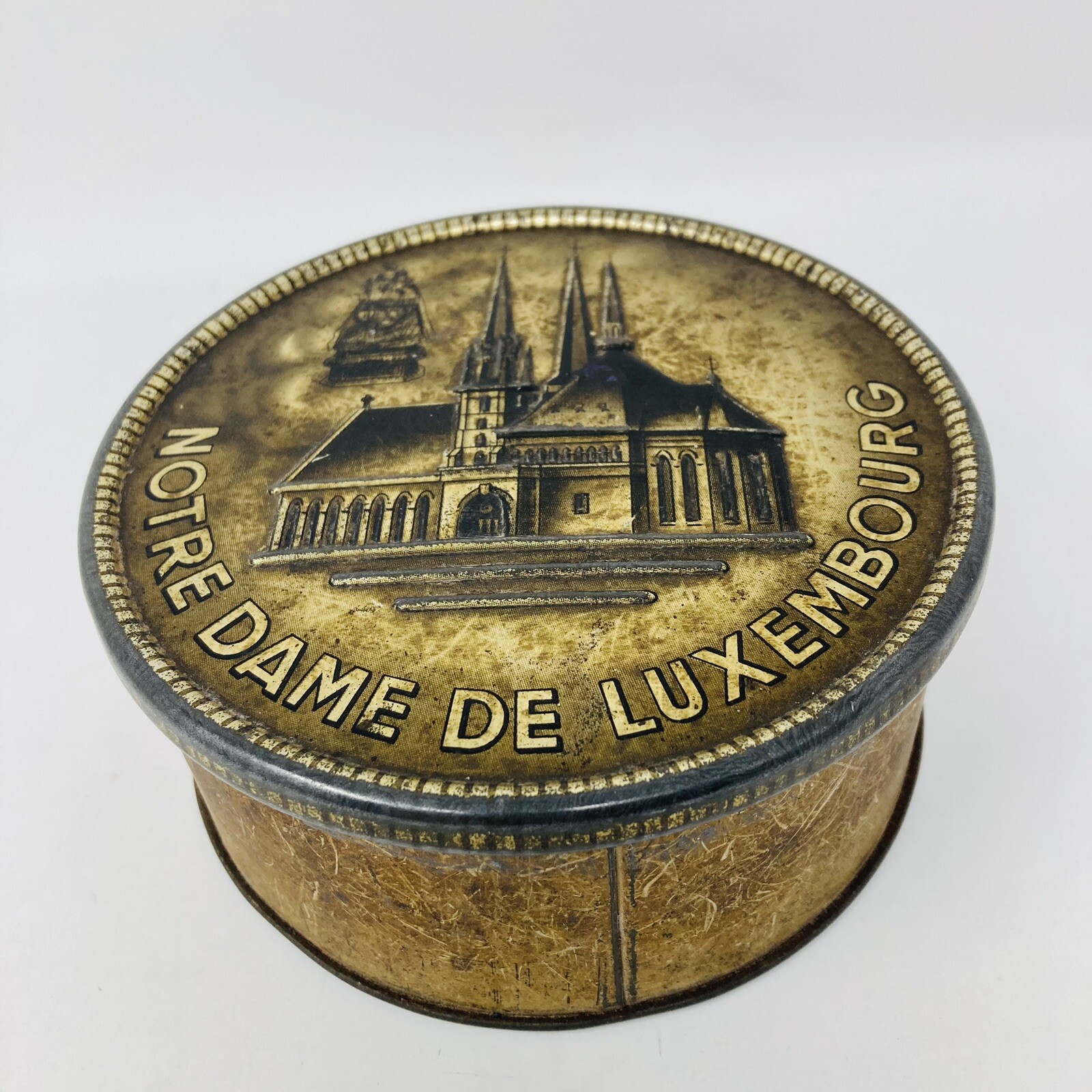 Notre Dame De Luxembourg Round Trinket box/Can Raised image top 5” x 2.5” RARE