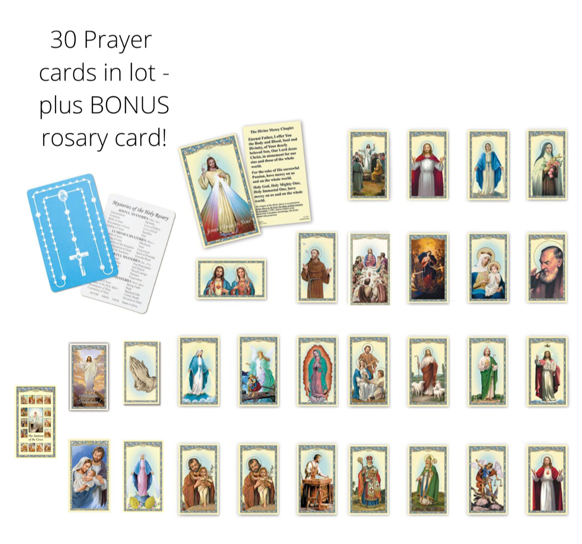 Prayer Card Assortment Lot (30 Different Holy Cards) Jesus, Mary, Saints, etc