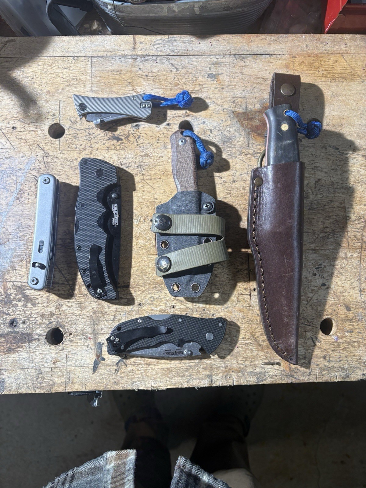 knife lot: Enzo, Cold Steel, Kizer, Auxiliary Manufacturing, Leatherman