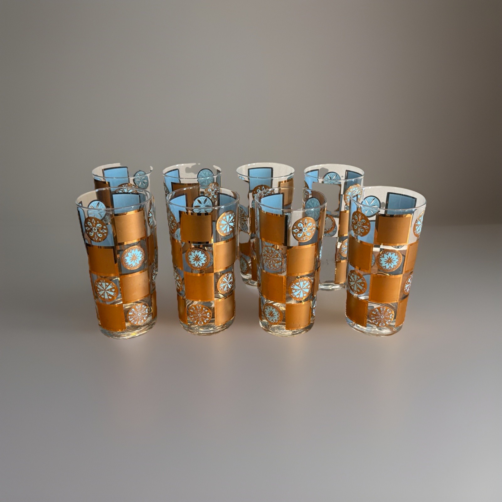 VINTAGE MCM CULVER CARNIVAL HIGHBALL GLASSES 22kt GOLD & BARWARE SET OF 8 (14D) VINTAGE MCM CULVER CARNIVAL HIGHBALL GLASSES 22kt GOLD & BARWARE SET OF 8 (14D)