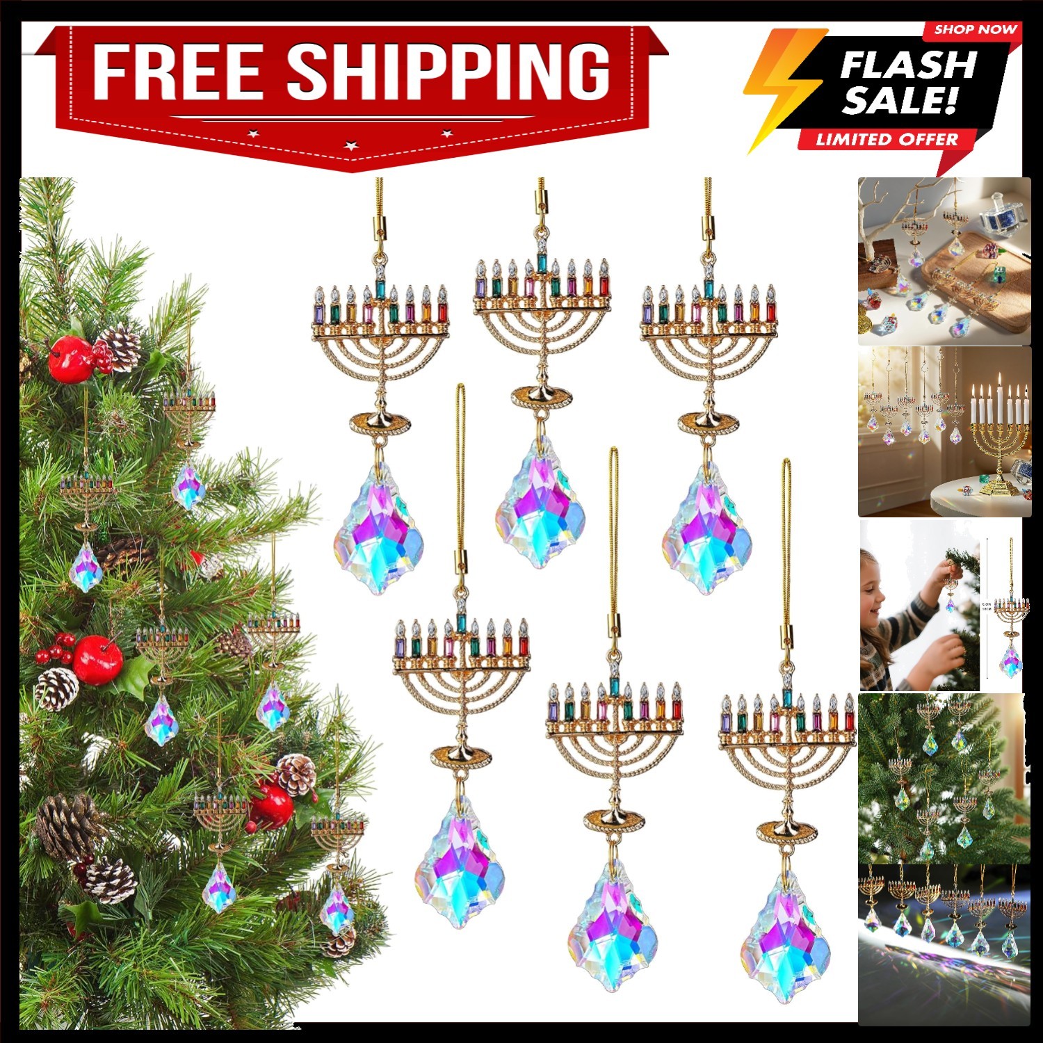 Durable 6 PCS Hanging Crystal Hanukkah Menorah Ornaments - Vibrant & Elegant