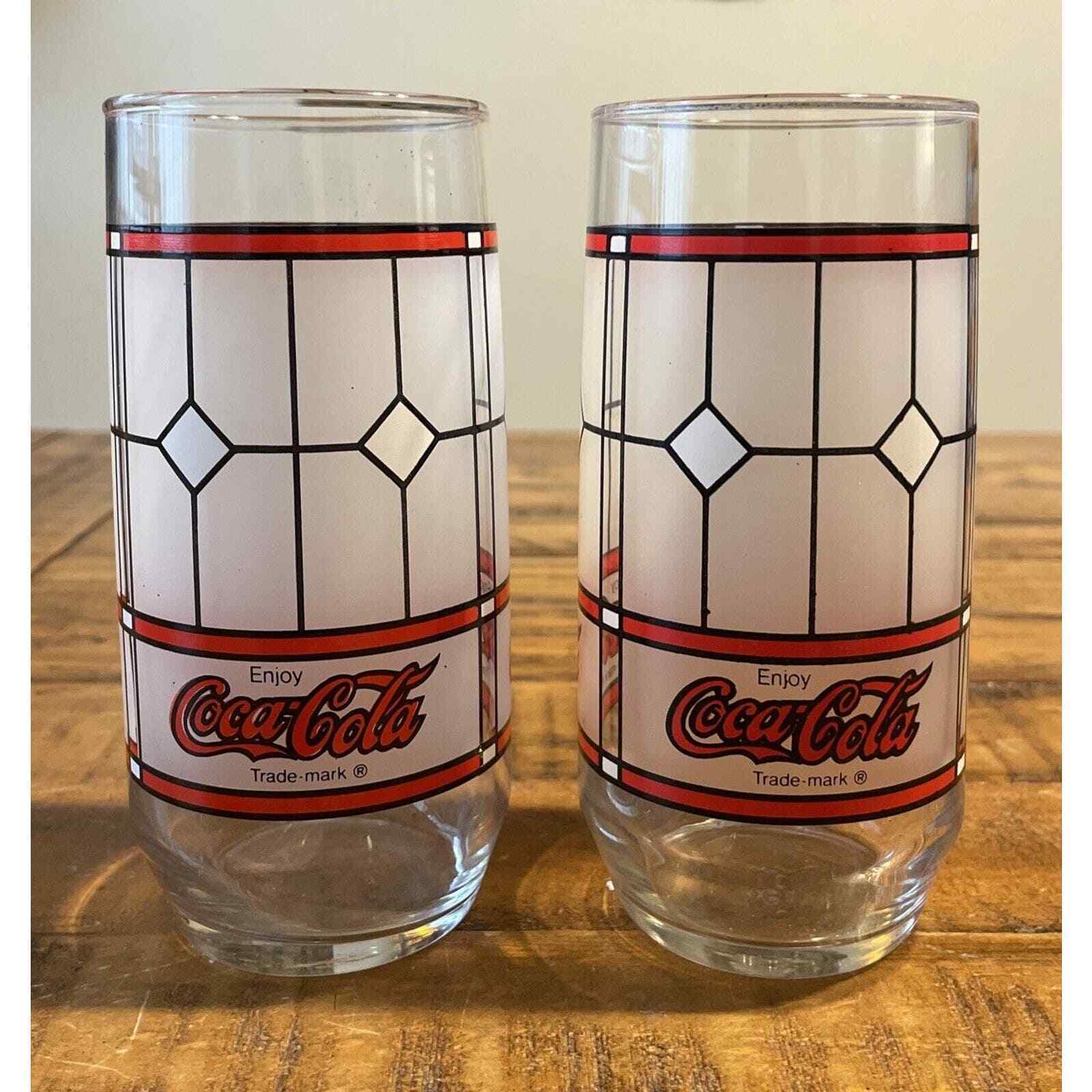 Coca-cola glass red and white stained glass design vintage set of 2. Mint Cond.