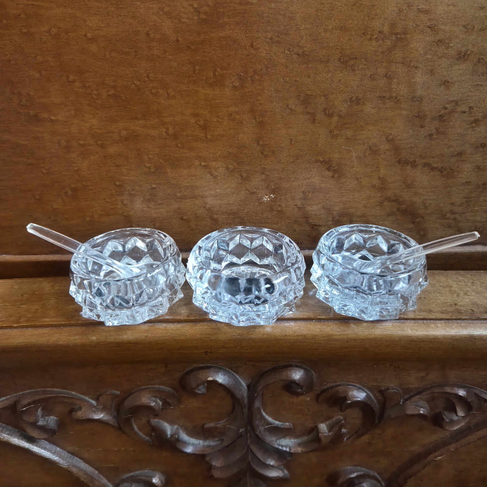 Fostoria American Clear Glass Individual Salt Cellars Dip Bowls 3 and 2 Spoons 