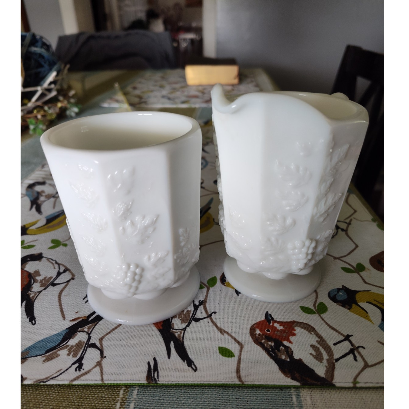 Westmoreland Glass White Milk Glass Grape Pattern Creamer Set 2pc Glossy Handle