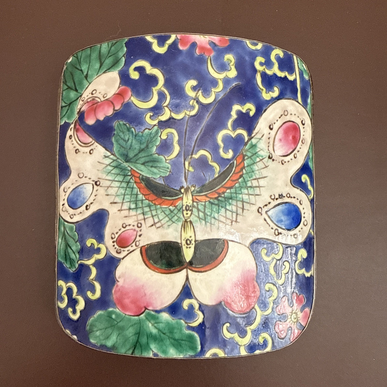 Vintage Chinese Porcelain Shard Silvered Copper Trinket Box w Butterfly