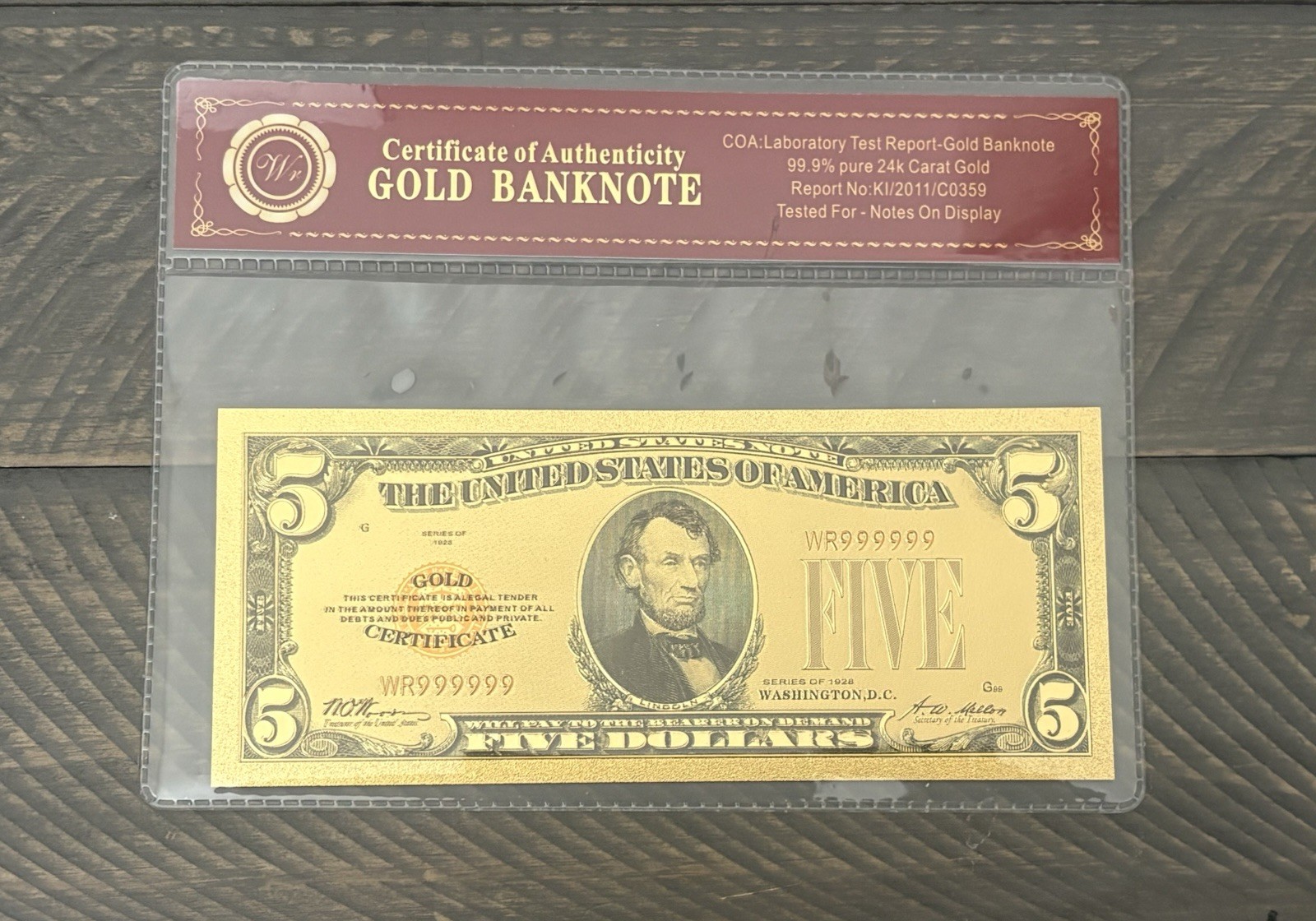 1928 US $5 Gold Banknote w/COA 24kt .999 GOLD BANKNOTE • COLLECTORS NOTE - MINT 1928 US $5 Gold Banknote w/COA 24kt .999 GOLD BANKNOTE • COLLECTORS NOTE - MINT