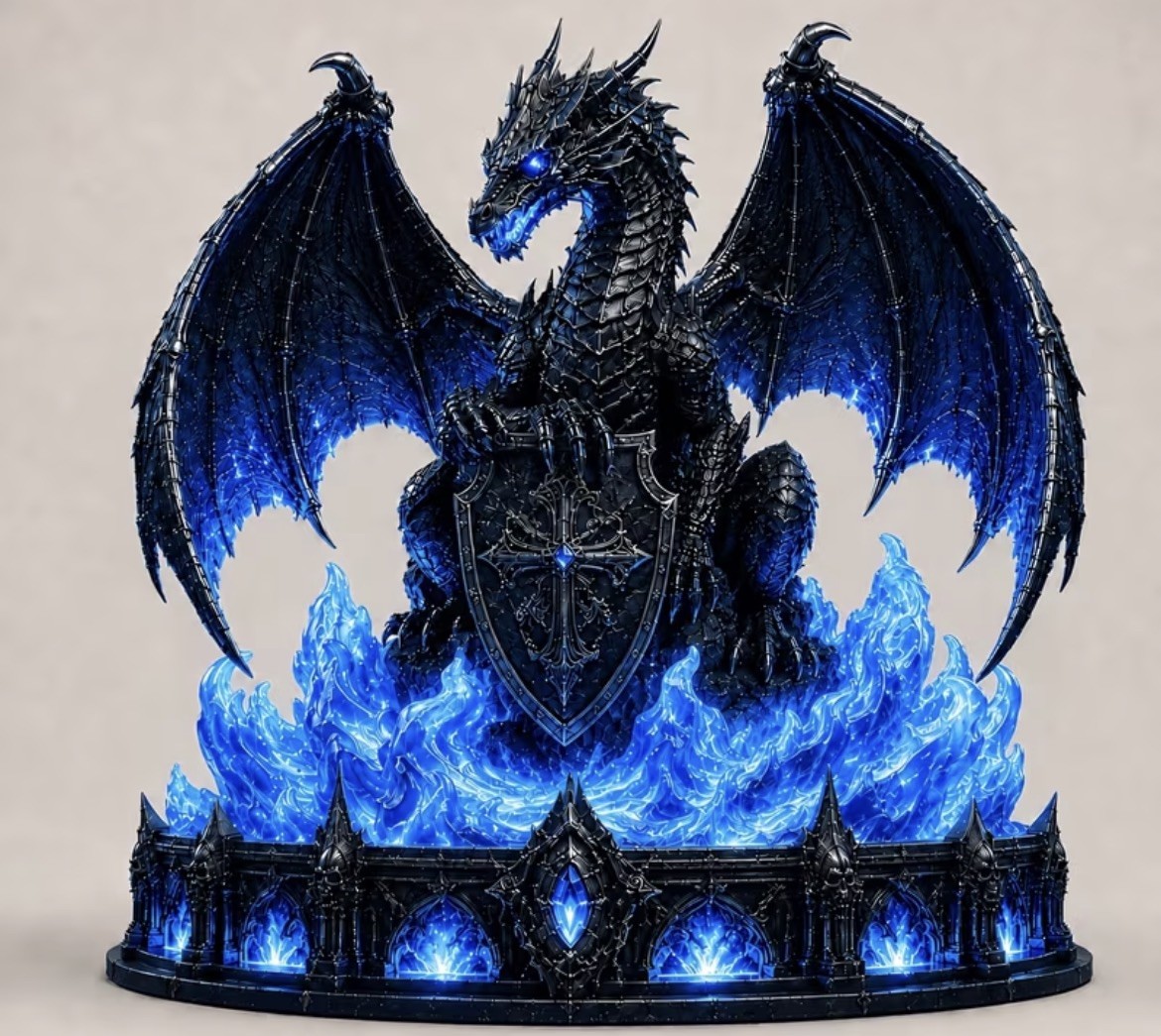 Black Dragon Blue lava led Table Lamp. Fantasy gothic Dragon Sculpture