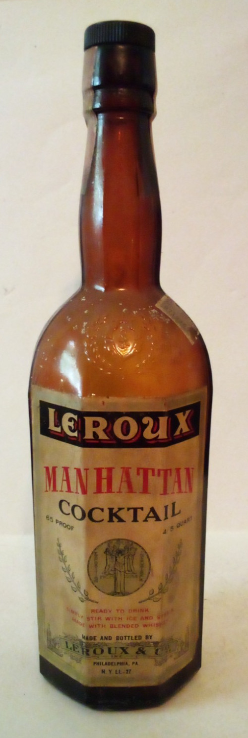 VTG LEROUX MANHATTAN COCKTAIL BROWN GLASS BOTTLE PAPER LABEL EMBOSSED az