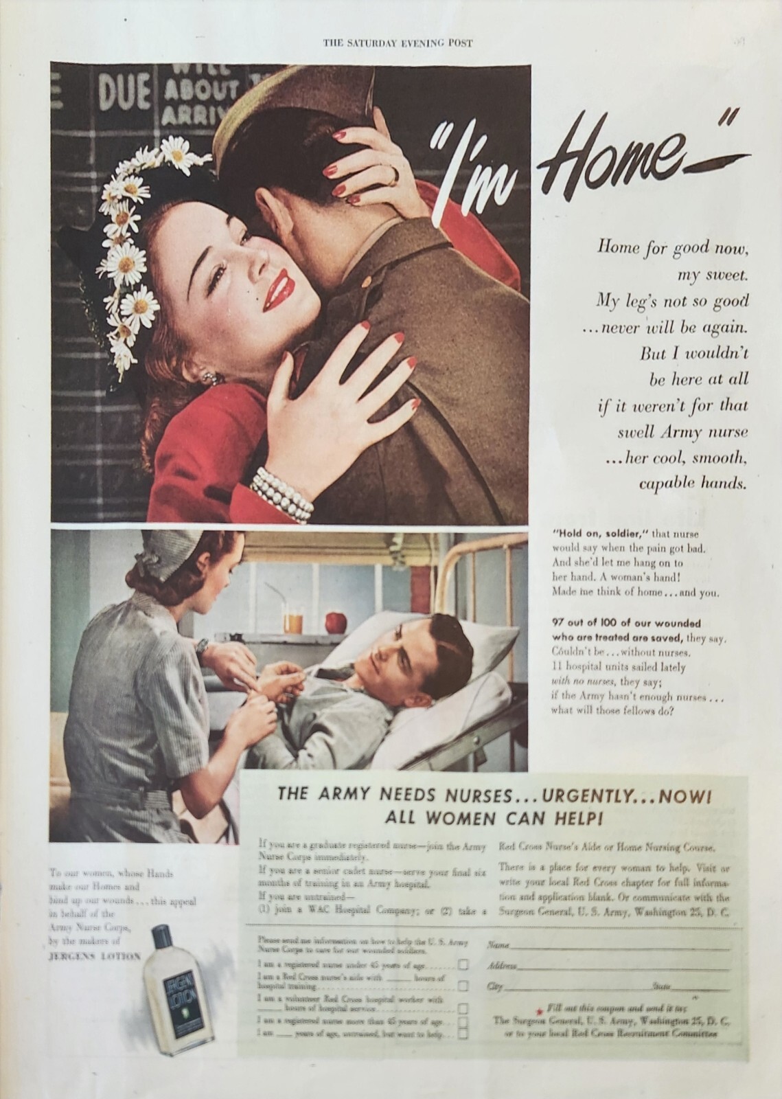1945 Jergens lotion Vintage Ad Im home home for good now my sweel
