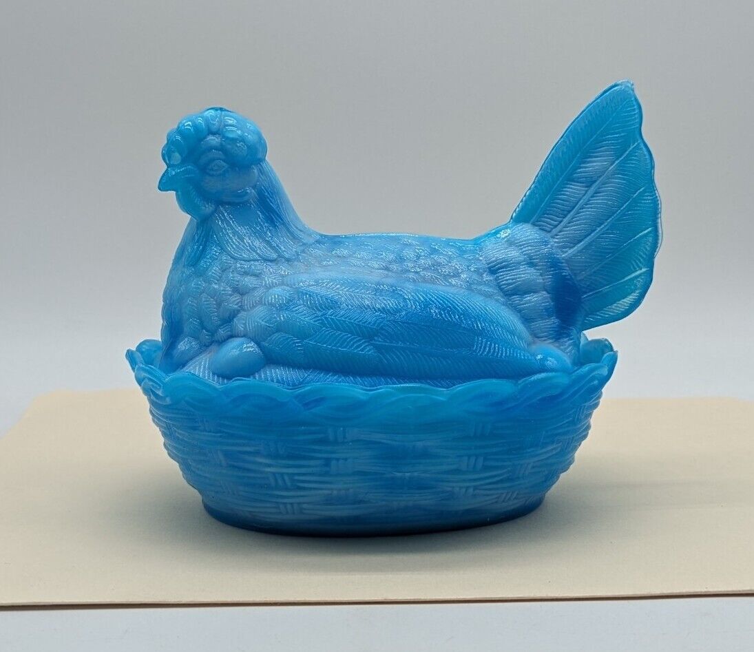 Vintage Blue Milk Glass Hen On Nest Covered Lidded Candy Dish