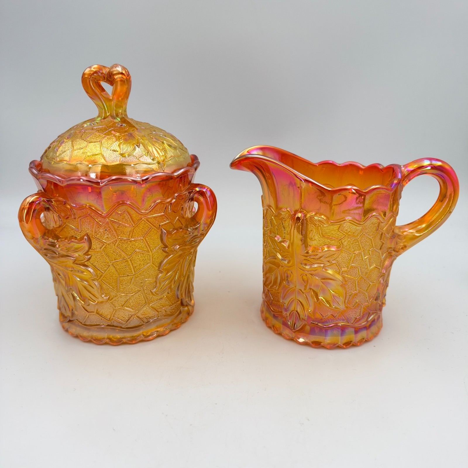 Mosser Glass Maple Leaf Marigold Carnival Glass Lidded Sugar Creamer Set