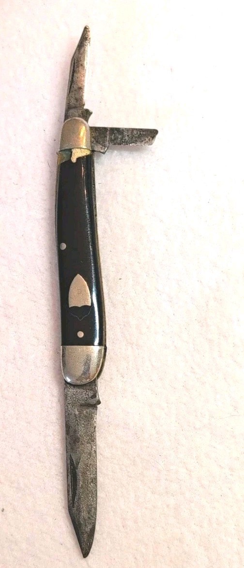 ​Vintage Schrade Cut Co Walden NY 3-Blade Pocket Knife Shield Black Handle AS IS