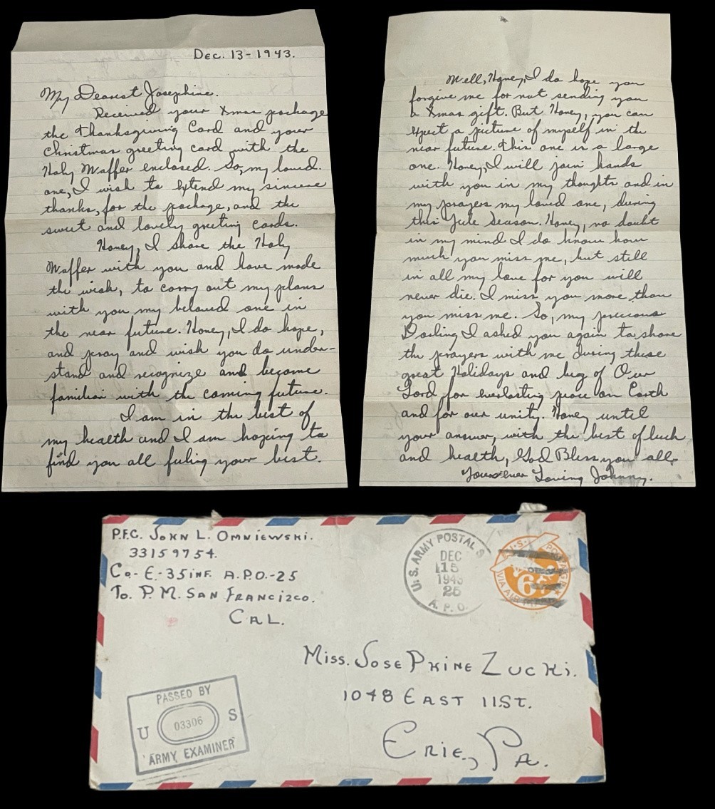1943 WWII Soldier Love Letter APO 25 35th Infantry Christmas Prayer Romance