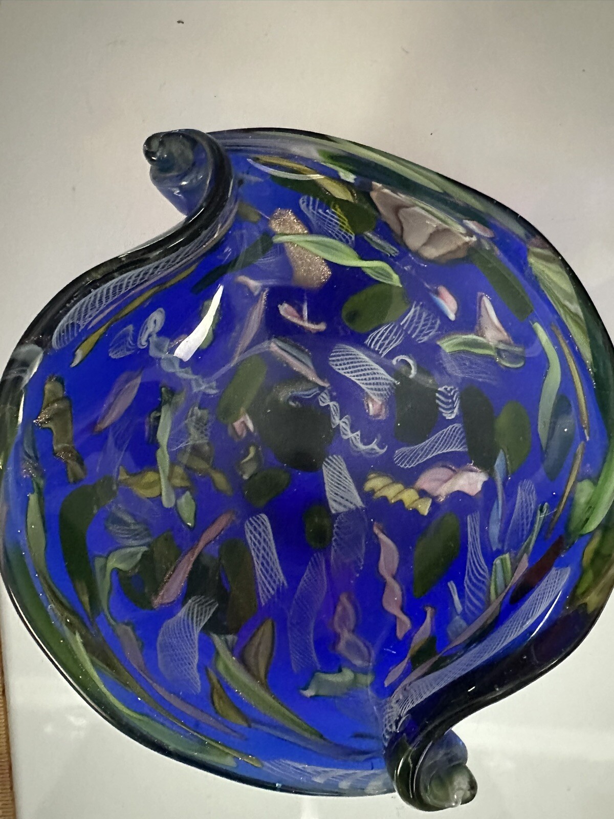 MCM Murano Fratelli Toso Art Glass Bowl / Ashtray, Blue swirl with curled ends