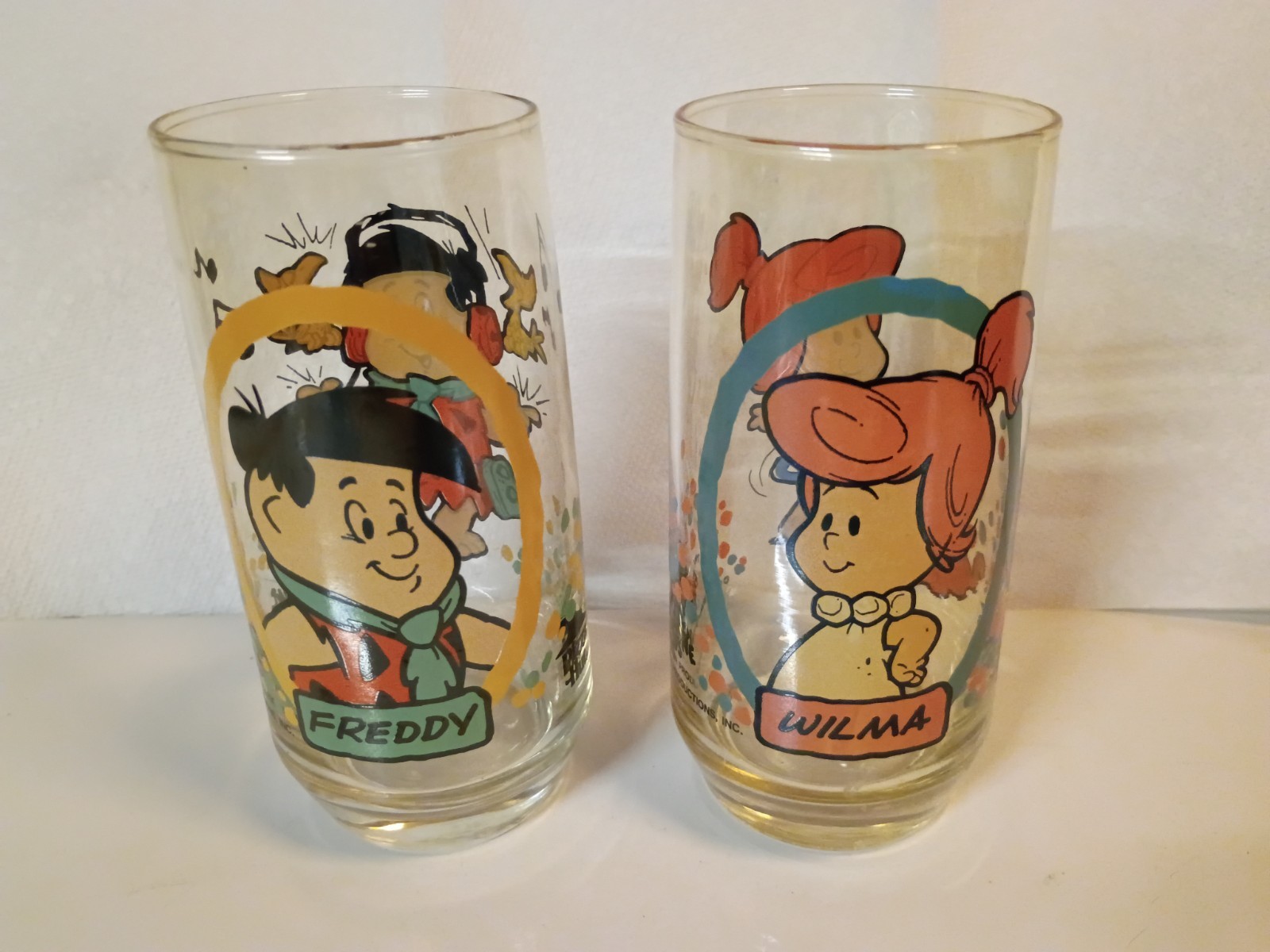 Set of 2 Vintage 1986 Pizza Hut The Flintstone Kids Drinking Glasses, VGC