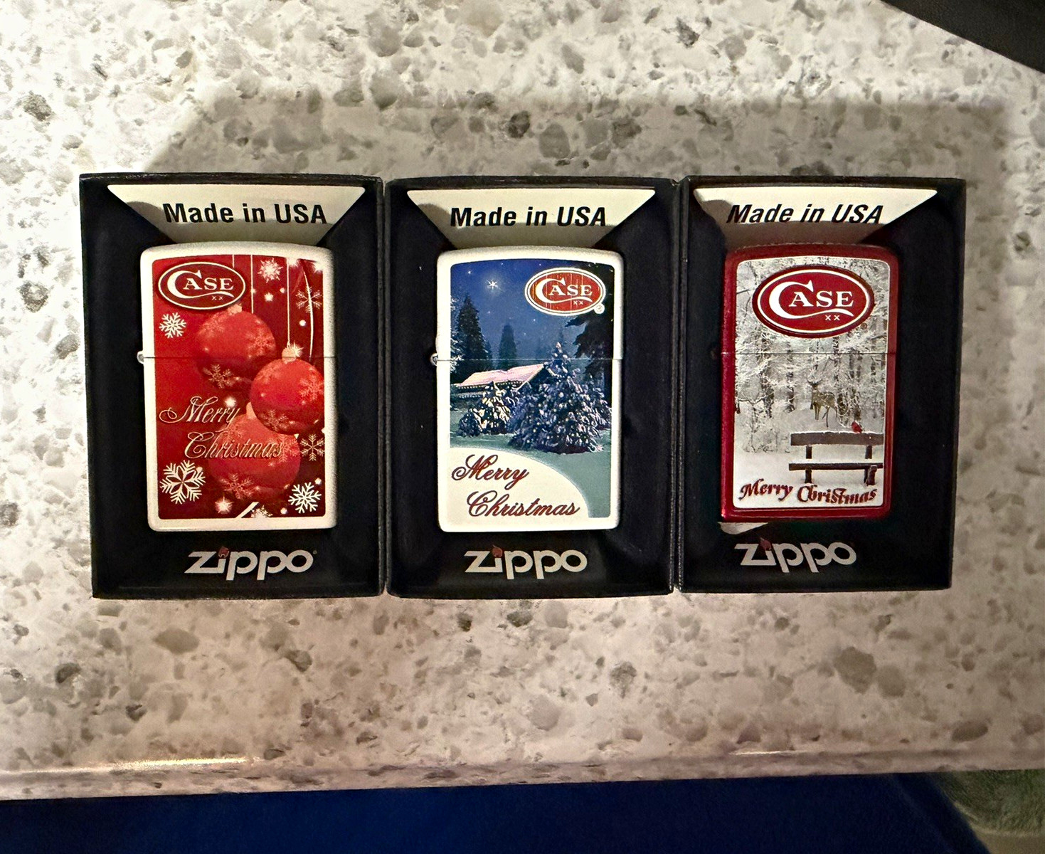 Zippo Lot of 3 Lighters CASE Merry Christmas Designs Made in USA Boxed