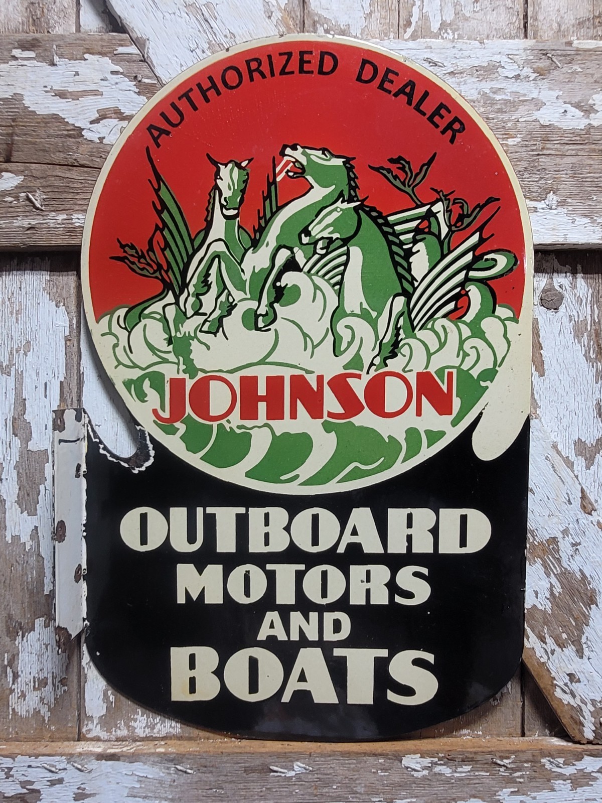VINTAGE JOHNSON PORCELAIN SIGN OLD FLANGE OUTBOARD MOTORS BOATS DEALER OCEAN 28