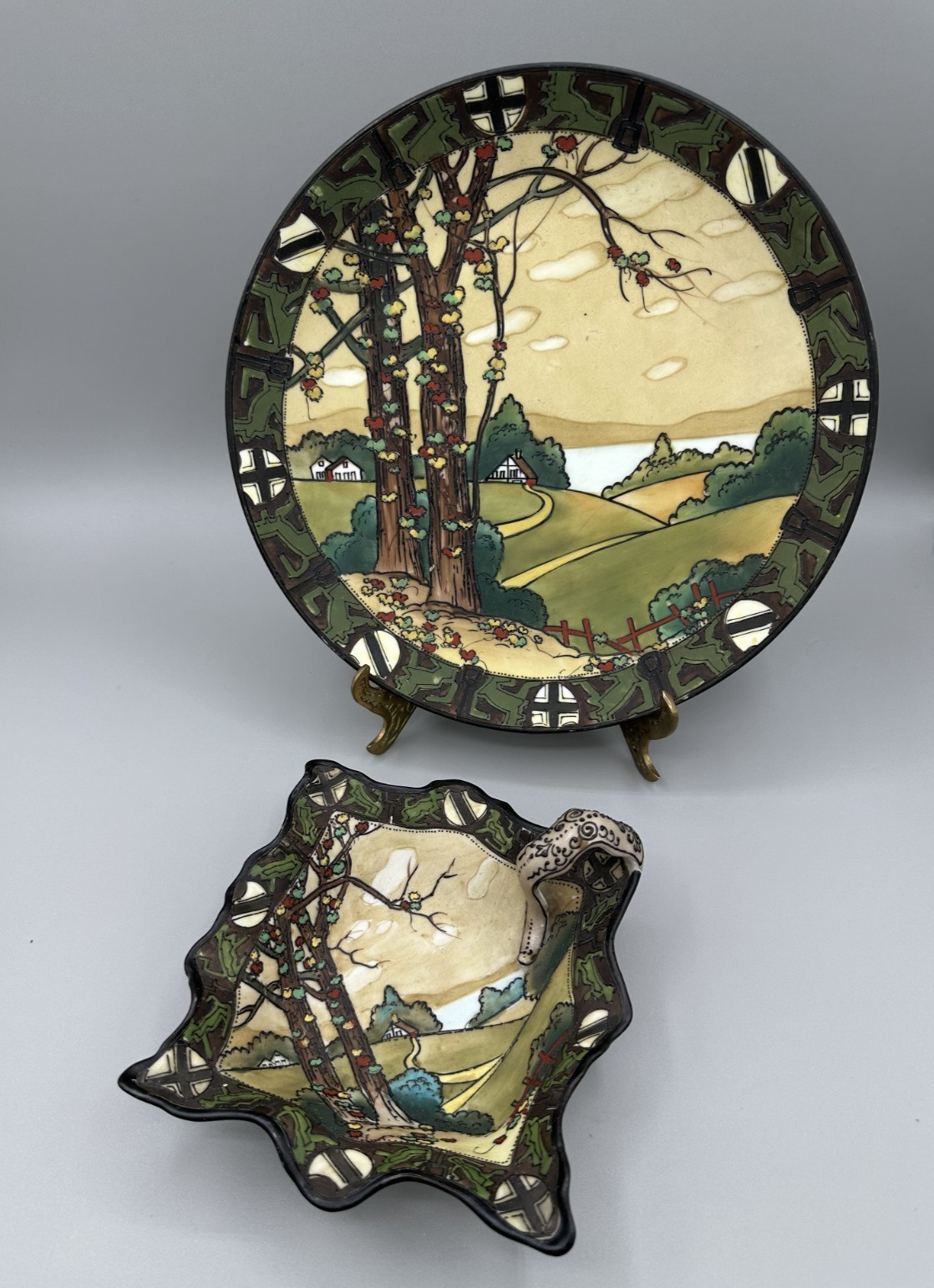 Antique NIPPON WOODLAND Plate Bowl Set Moriage Hand Painted Porcelain 2 Piece