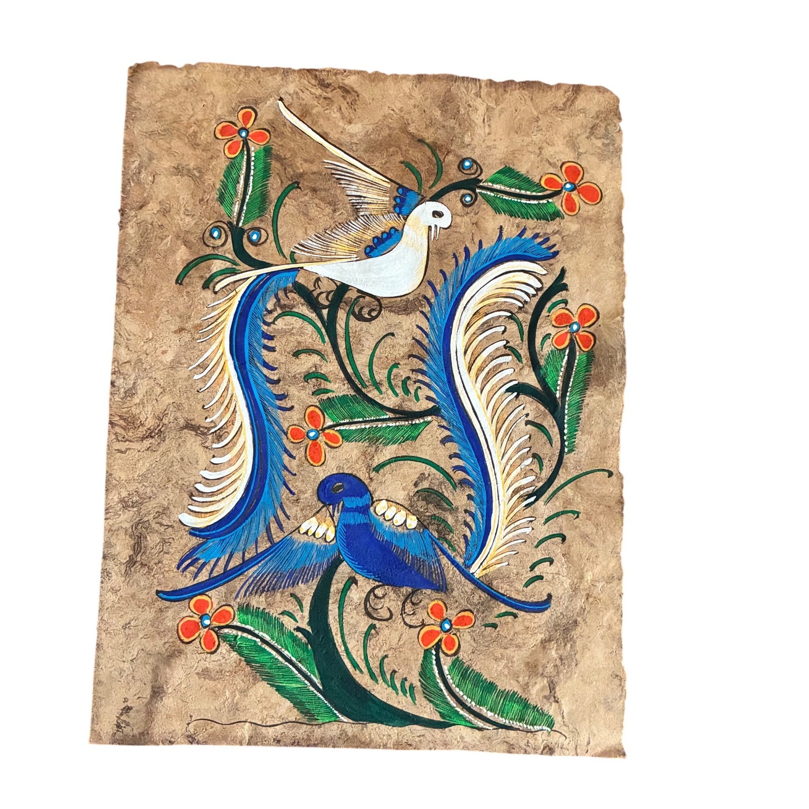 Vintage Handcrafted Mexican Amate Bark Painting Colorful Birds Flowers Vibrant 