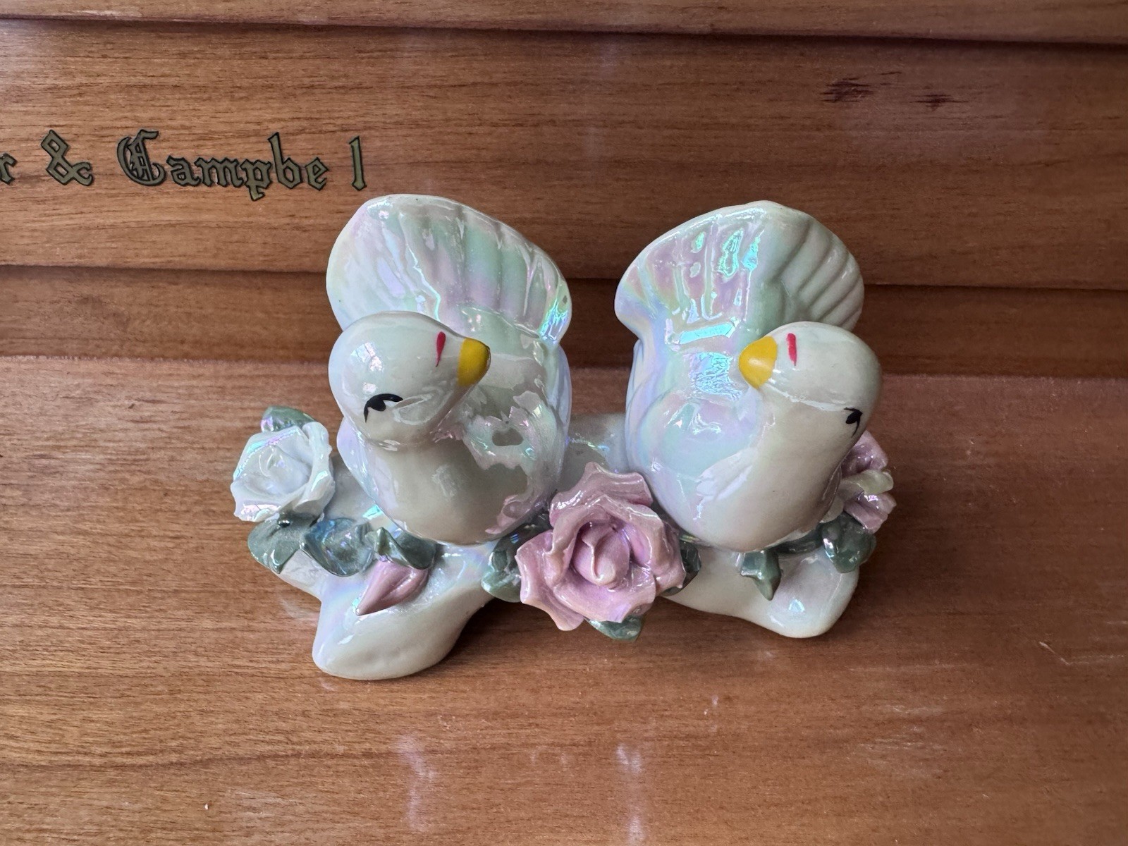 Vintage Pair Of Porcelain Iridescent Lovebirds Figurine
