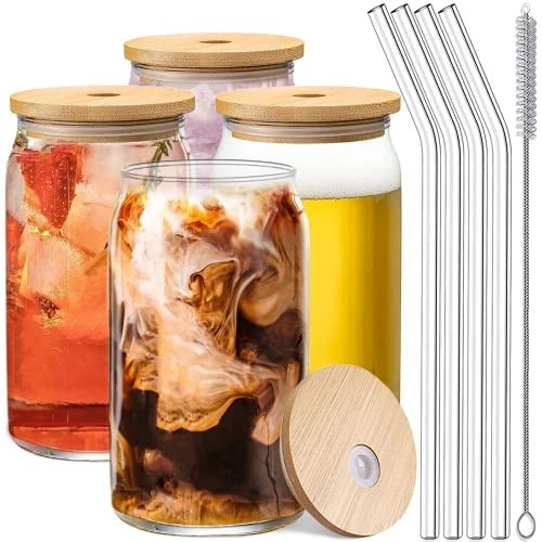 Le\'raze Set of 4 Can Shaped Drinking Glasses with Bamboo Lids & Straws (New)