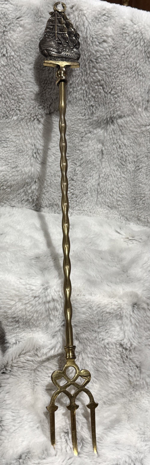 Antique Peerage English Solid Brass Hearth Toasting Fork HMS Victory Galleon 20”