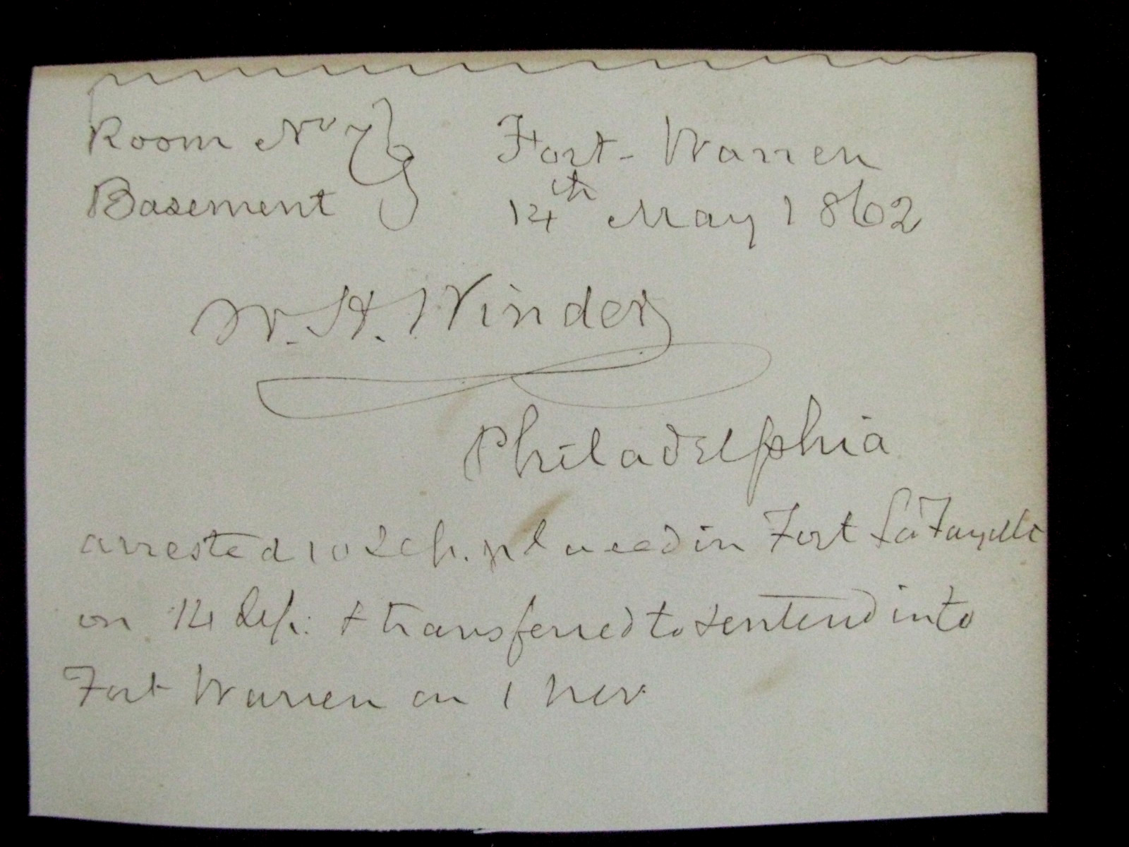 CIVIL WAR FORT WARREN BOSTON PRISONER WILLIAM H WINDER 1862 INSCRIBED CARD 