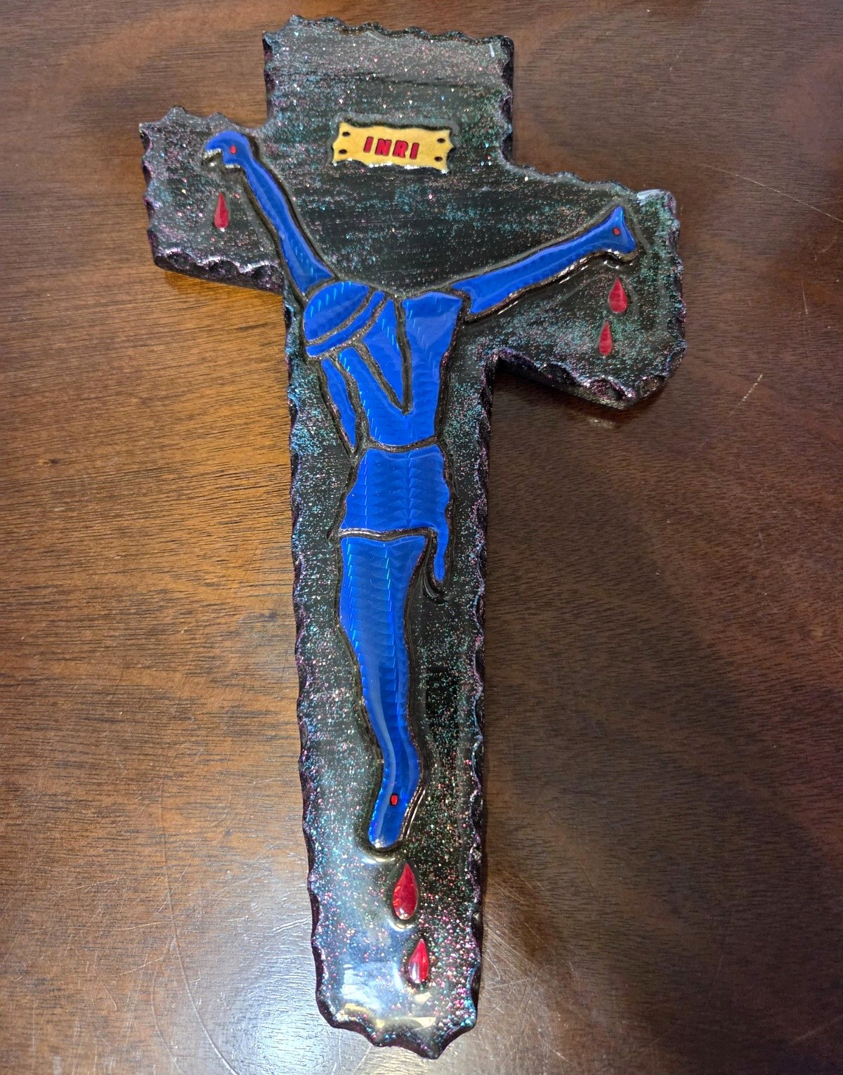 Vintage Mid Century Brutalist Resin Wood Wall Crucifix Cross Cobalt Blue Art