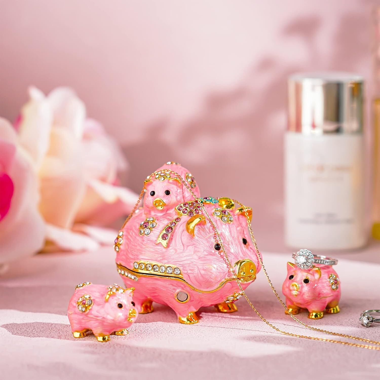 Bejeweled Enameled Animal Trinket Box/Figurine -Pig Mom with Little Pigs Pink
