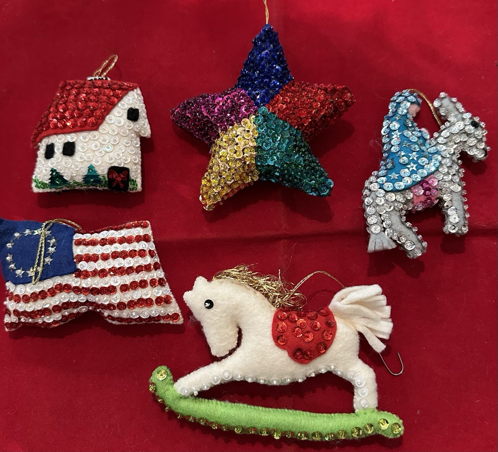 Vintage Handmade Felt Sequin Christmas Ornaments 4\ Vintage Handmade Felt Sequin Christmas Ornaments 4\