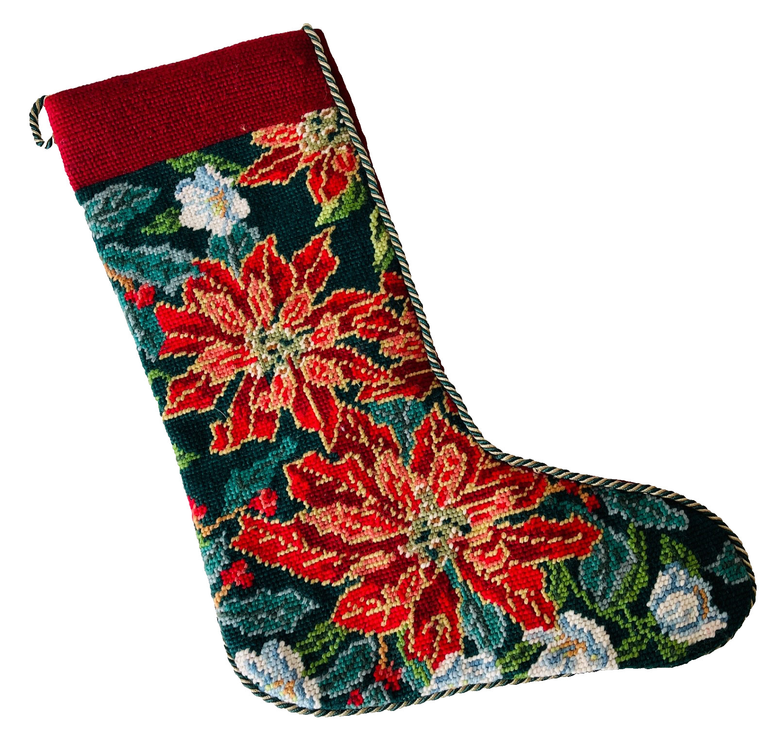 Vtg Handcrafted Wool Needlepoint Christmas Stocking Poinsettia Red Green White