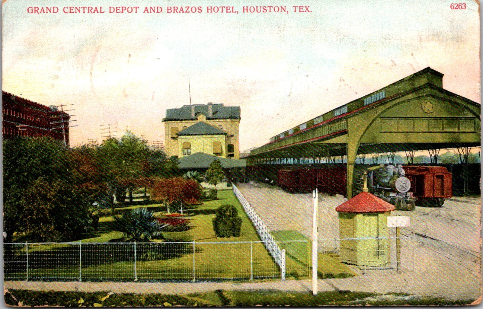 Grand Central Depot & Brazos Hotel 1910 Houston TX Vintage Postcard TP15-8