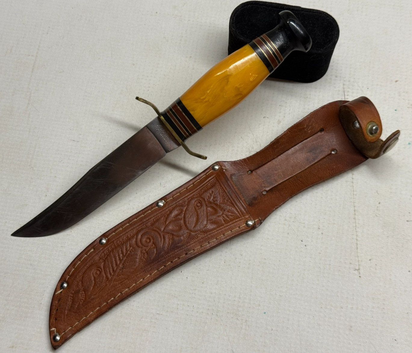 Vintage Kinfolks MY65 Fixed Blade Knife w/ Sheath Butterscotch BEAUTIFUL