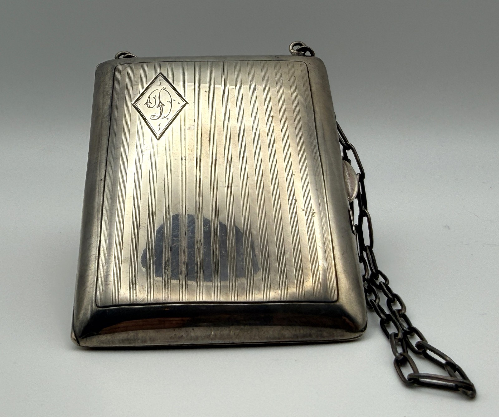 Antique Sterling Silver Dance Purse Vanity Case Compact Wrist Chain Card Holder