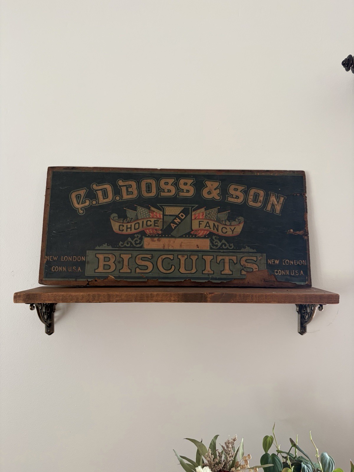 Antique C.D. Boss & Son Biscuits wood and paper crate lid Sign