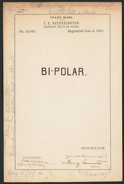 New York NY 1889 J.E. Hetherington Bi-Polar Electric Belts Bands Trademark