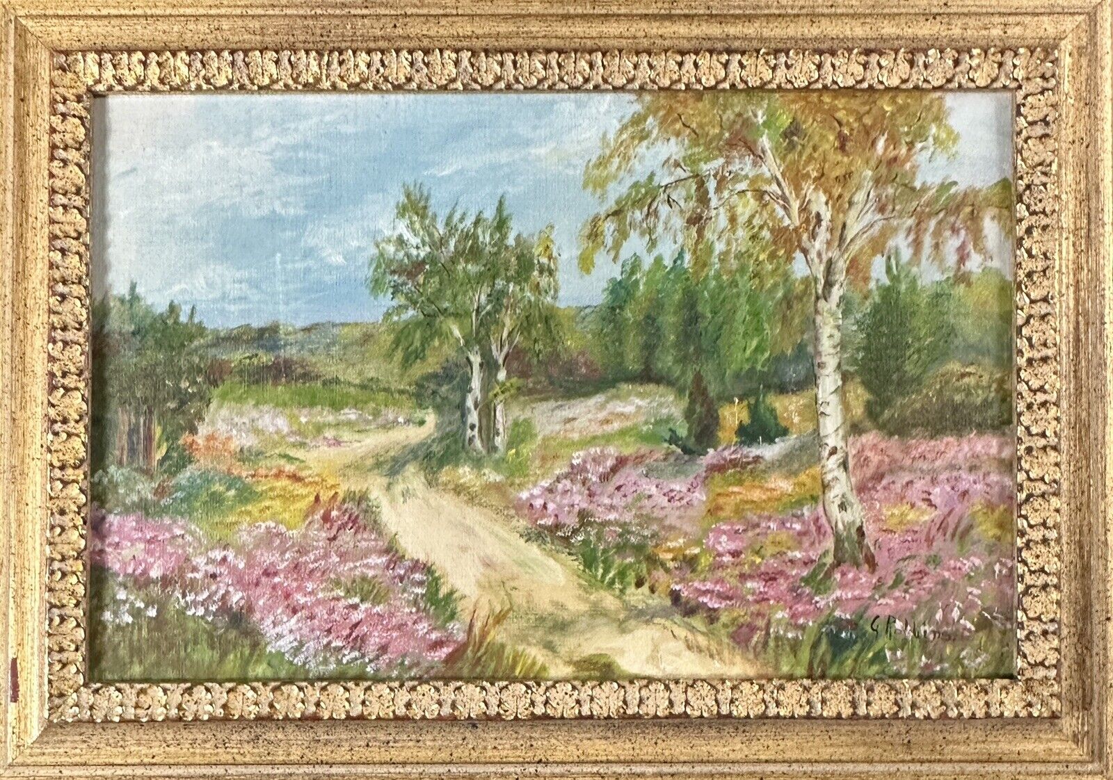 G. ROBBINS Vintage Impressionist Landscape Oil Painting & Carved Gilt Wood Frame