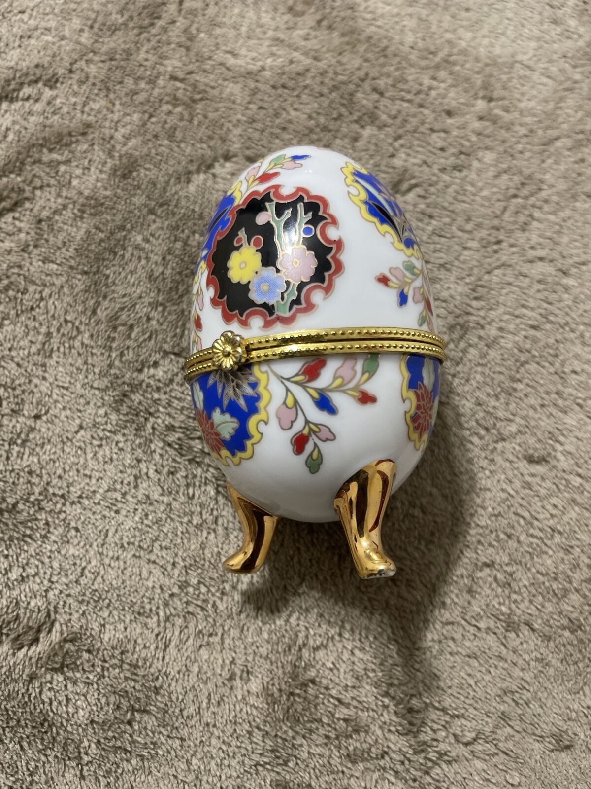 Hinged Ceramic Egg Gold Tone Flower Floral Print Trinket Box