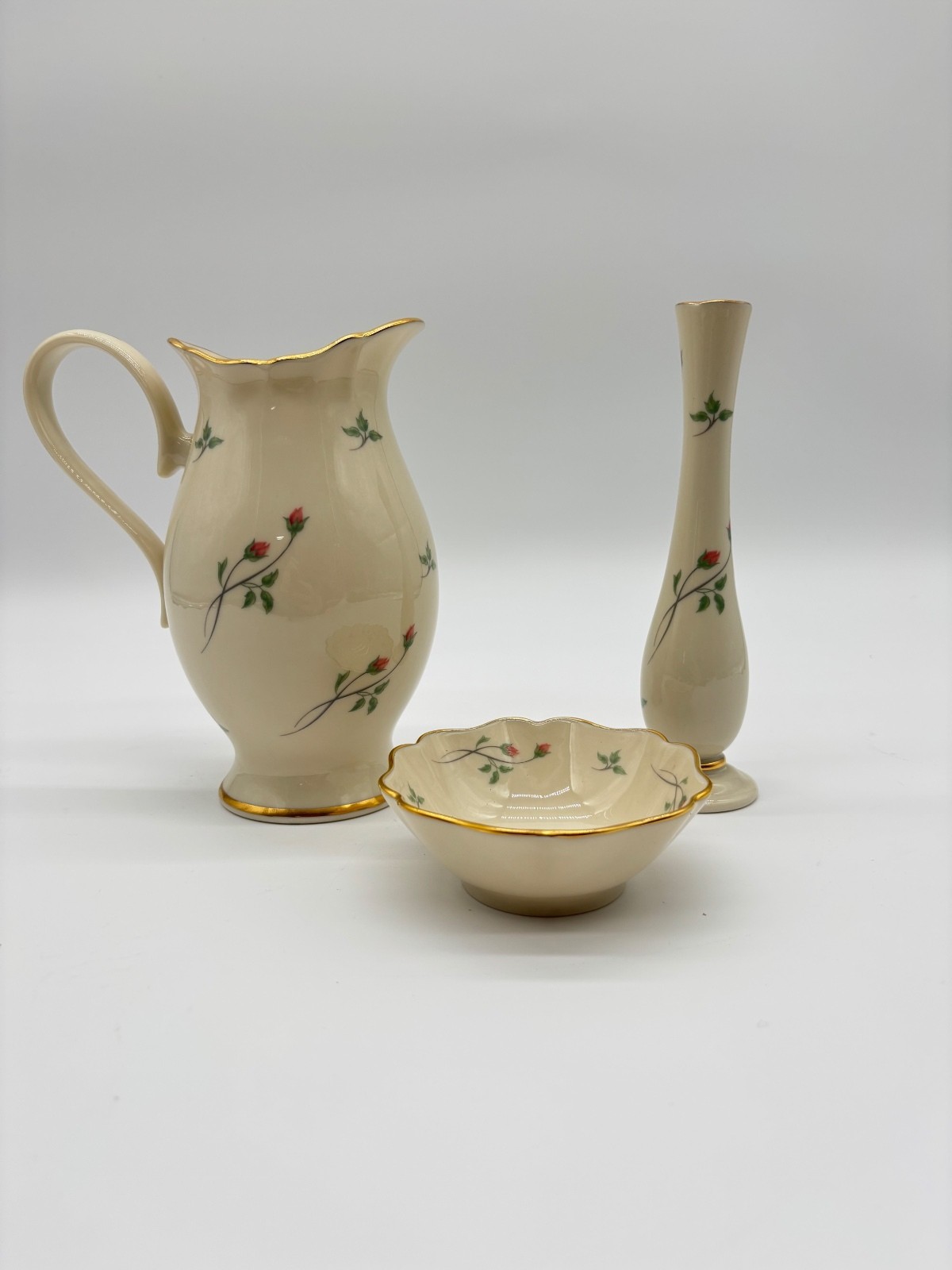 Vintage Lenox Rose Manor 3pc Set Pitcher Bud Vase Scalloped Bowl Gold Trim